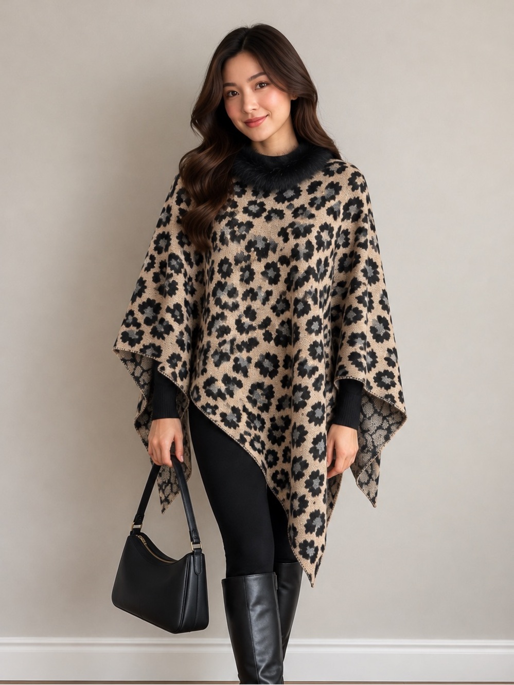 Wool Alpaca Blend Fall Outfit Leopard Print Poncho Cozy Sweater One Size Fits Al